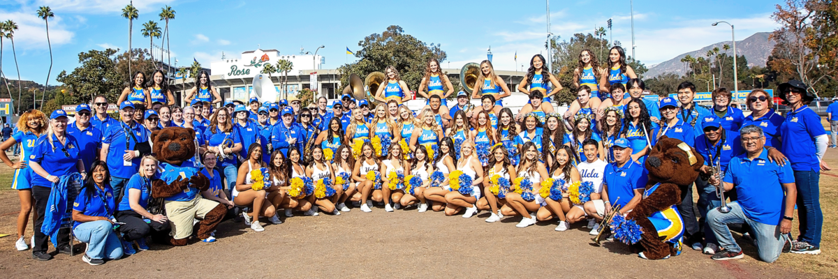 UCLA Alumni Band with spirit squad in front of the Rose Bowl